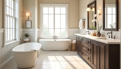 Fototapeta premium Modern bathroom interior with soaking tub, double vanity, bathed in natural light. Suburban home design featuring clean, elegant, serene elements. Bright, tranquil space offers contemporary style for