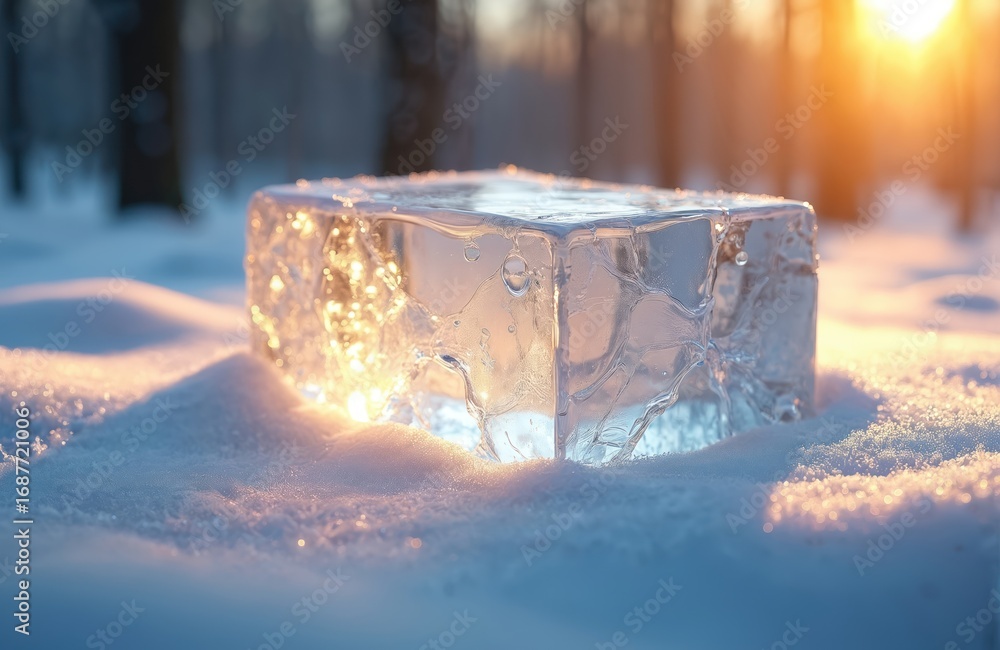 Poster crystal clear ice block glistens in warm sunlight, nestled in soft snow. intricate frosty patterns v