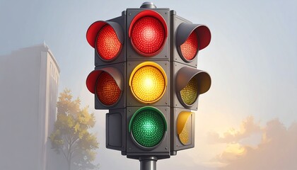 A modern traffic light displays vibrant colors against a hazy urban backdrop.