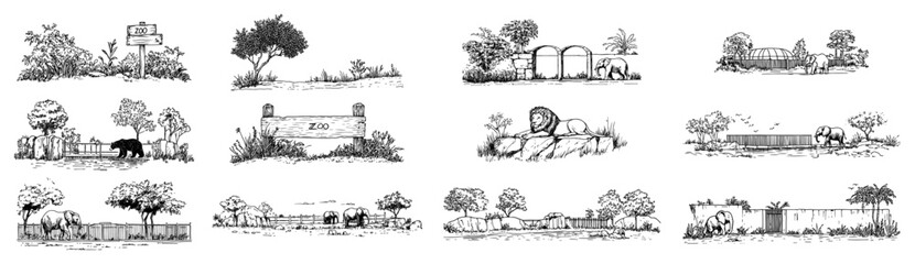 Collection of zoo enclosures and animal habitats sketch illustrations © Kaz