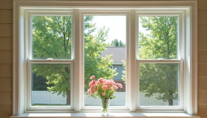View through triple pane vinyl windows showing green trees, blue sky on sunny summer day. House exterior features vinyl siding, white fence. Vase of pink flowers sits on windowsill, adding touch of