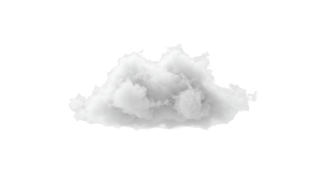 A single, distinct, fluffy cloud with soft white and light grey tones, ethereal, pristine, suspended against a transparent studio background with vast negative space. Concept of purity, potential, and
