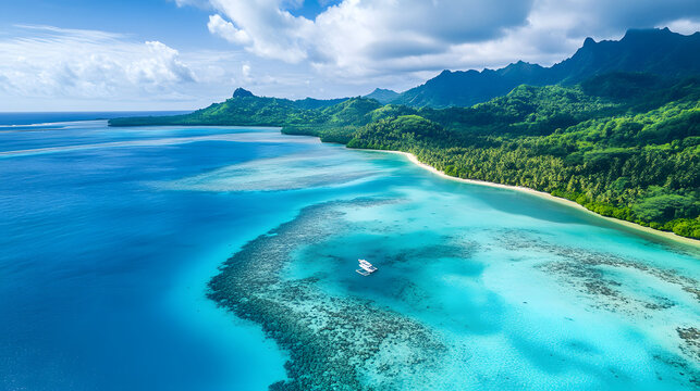Aerial View of Tropical Ocean Water and Island Coastline at Sunset for Dreamy Scenic Travel