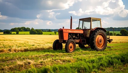 A weathered orange tractor sits in a vibrant green field, partially harvested, under a dynamic cloudy sky. 