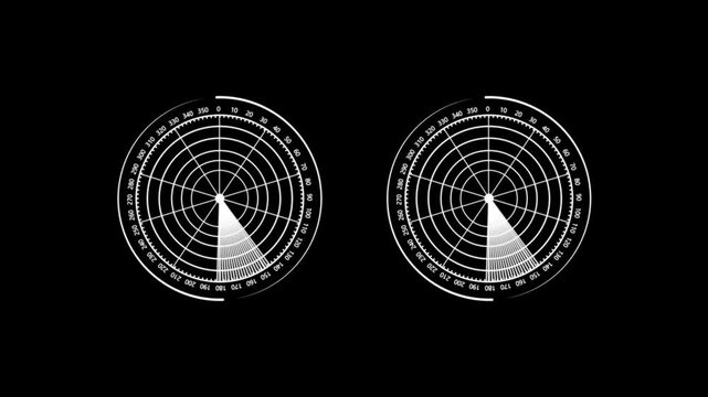 This glowing  dual radar screen illustration represents detection, tracking, and scanning technology. The circular grids with rotating beams symbolize real-time monitoring systems used in aviatio