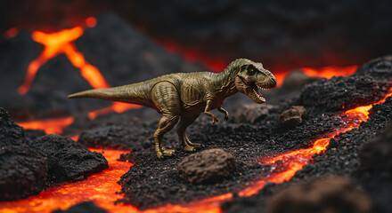 A miniature Tyrannosaurus Rex dinosaur toy stands amidst a fiery, volcanic landscape, with molten lava and dark rocks