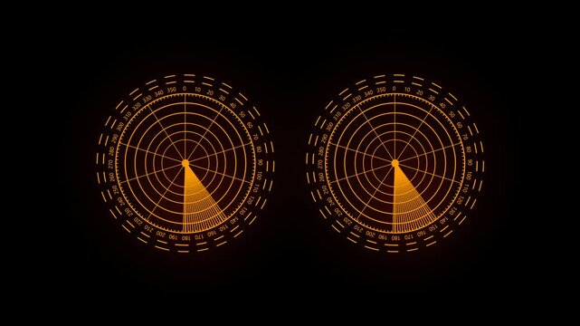 Futuristic dual radar scanner animation with rotating orange-yellow beams, digital circular grids, and glowing HUD interface. Perfect for concepts of military tracking systems, sci-fi technology, futu