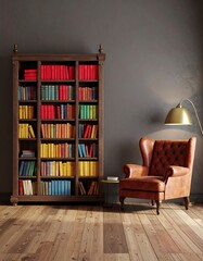 A cozy room with a tall wooden bookcase and leather armchair