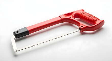 Red plastic-handled hacksaw with a fine-toothed metal blade, designed for precise cutting of metal, plastic, and other materials, ideal for DIY projects, home repairs, and professional workshop use.