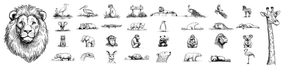 Wild animals hand drawn realistic sketch illustration set