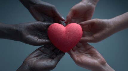 Hands reaching together with symbolic red heart shape, concept of collective donation and kindness for Giving Tuesday support