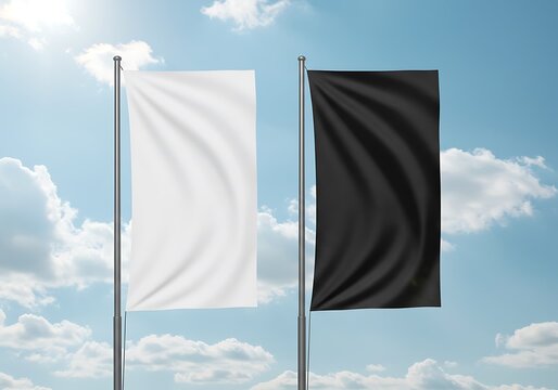 Blank vertical flags displayed against a cloudy sky - Powered by Adobe