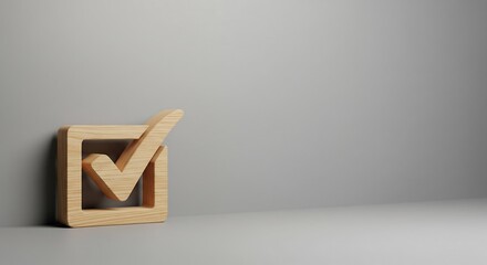 A wooden checkmark icon inside a square box resting against a gray wall.