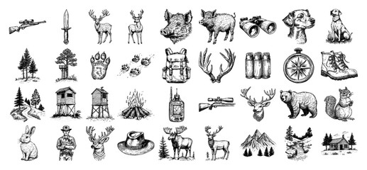 Hunting and forest wildlife hand drawn vintage icon set