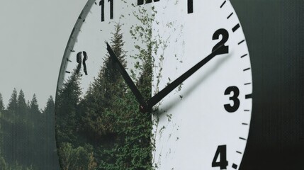 Analog clock with broken hour hand floating over green forest. Rejecting Clock Changes for Stable Human Rhythms and Environmental Harmony