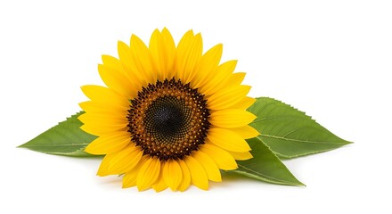 Obraz premium A vibrant sunflower blossom with yellow petals and a dark center, resting on two green leaves.