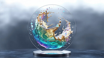 Abstract 3D water and gold splash sculpture inside glass sphere