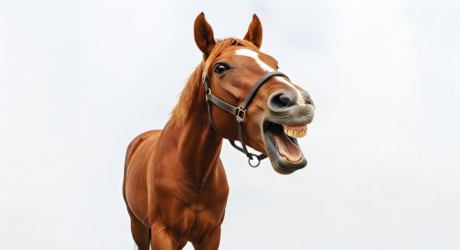 Chestnut horse laughs with an open mouth against white background. Great for humor-related content, posters, or digital media.