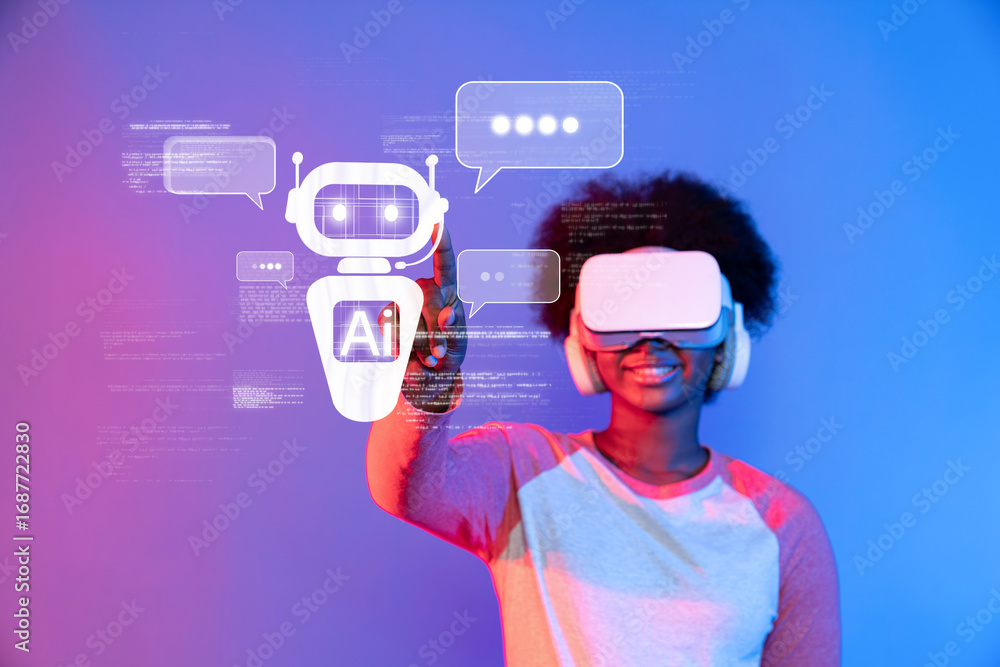 Poster a user experiences advanced virtual reality while interacting with generative ai chatbot technology,