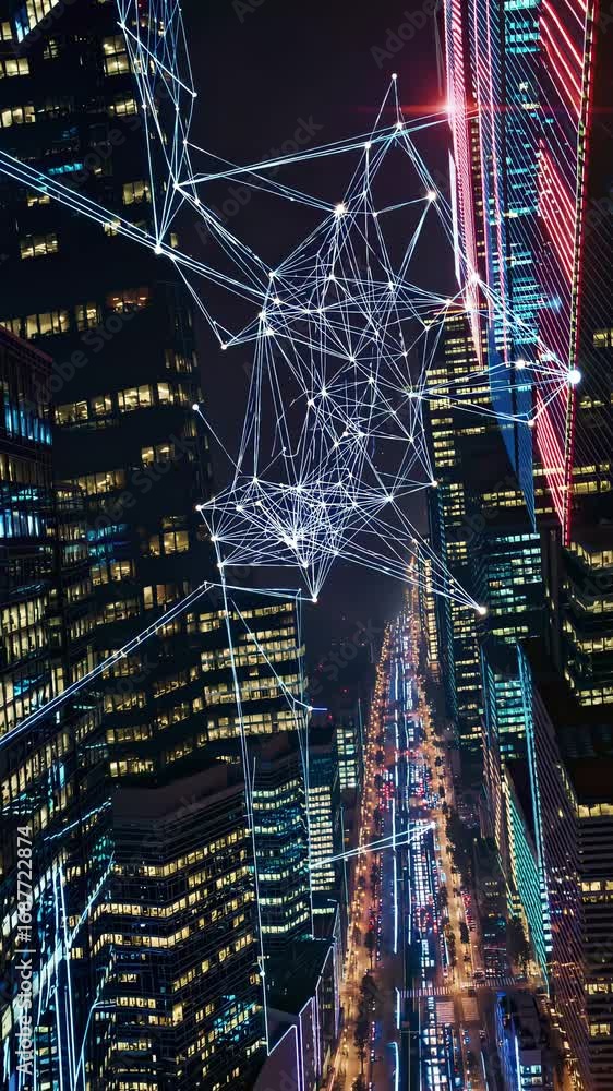 Poster futuristic cityscape with digital network overlay, viewed from a high angle. neon lights and data li
