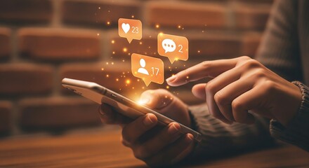 Close-up of hands holding a smartphone with social media notifications appearing around it.
