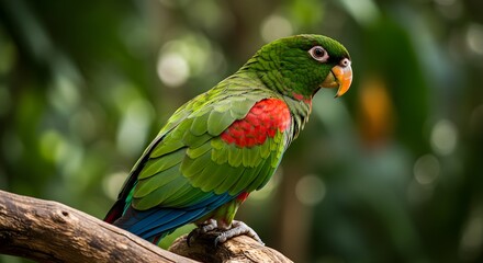 Obraz premium Red-lored Amazon parrot sits on a branch. Focus is sharp; bokeh background can be used for posters or backgrounds.