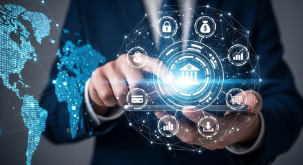 Person using a tablet to access global financial data and banking services, visualized as a network of interconnected icons.