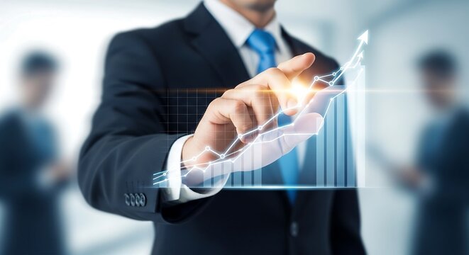 Businessman interacts with a holographic growth chart, symbolizing success and upward financial trajectory.