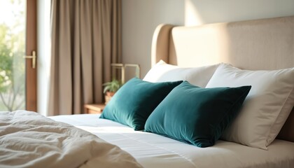 Elegant bedroom features teal accent pillows on neatly made bed bathed in natural light. Crisp white sheets, plush textiles, stylish headboard create serene, tranquil atmosphere perfect for