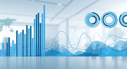 Abstract representation of business data with bar graphs, charts, and world map overlayed on a blurred office background.