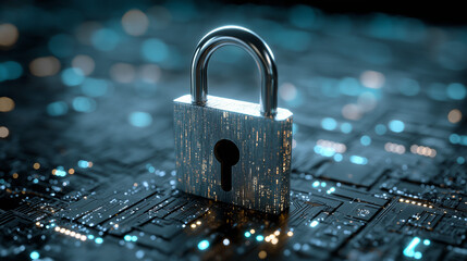 A digital padlock in a cyber world symbolizes security, protection, privacy, and safe digital transactions in the modern technological landscape.