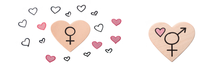 Wooden heart with female symbol surrounded by hearts, next to a heart with transgender symbol, isolated on transparent background
