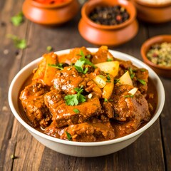 Hearty stew in a white bowl on a wooden table