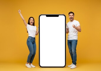 Excited couple celebrating next to a large blank screen device