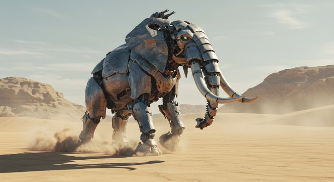 Steampunk elephant robot treads on sand. Sci-fi digital art concept for posters, concept art, book covers, advertising, and creative projects.