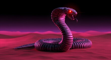 Purple, red robotic cobra stands on textured sands. Cyberpunk style for posters, digital art, branding.