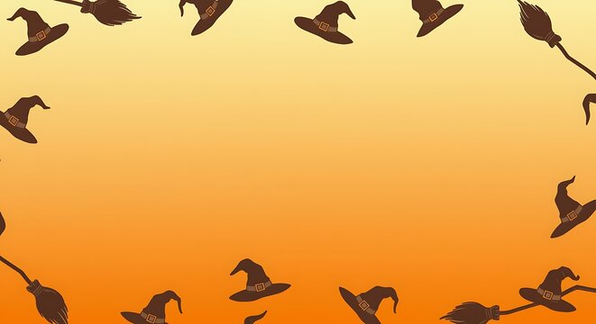 Halloween Witch Hats and Broomsticks Frame on Orange Gradient Background border design template illustration vector