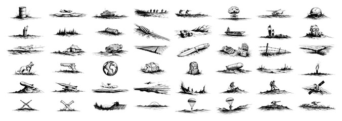 War conflict and military battle hand drawn sketch scenes © Kaz