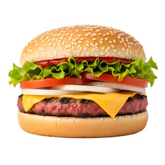 Juicy Burger with Sesame Bun, Melted Cheese, and Fresh Veggies on Transparent Background