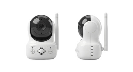 Modern white and black Wi-Fi IP security camera with antenna shown from front and back views.