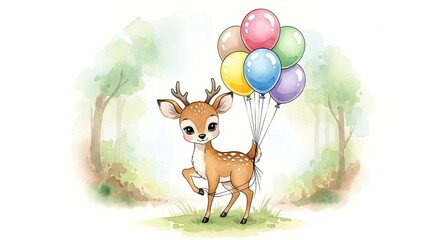 Naklejka premium Cute baby deer holding a bunch of colorful balloons in a whimsical forest setting
