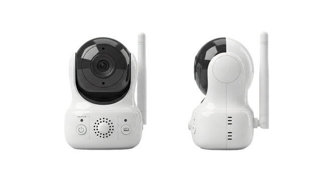 Modern white and black Wi-Fi IP security camera with antenna shown from front and back views.