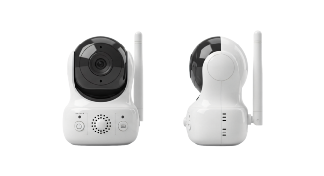 Modern white and black Wi-Fi IP security camera with antenna shown from front and back views.