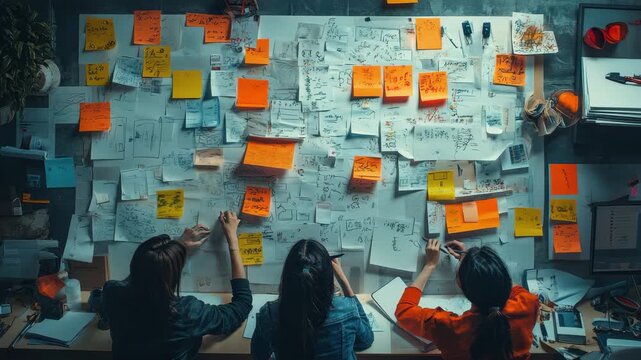Creative brainstorming session in a collaborative workspace with notes and ideas pinned to the wall