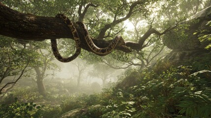 Snake on branch in misty forest