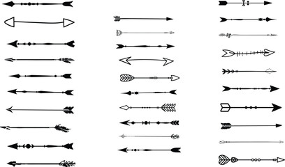 Boho decorative arrows set. Tribal and hipster style arrows. Rustic Indian arrows in vector illustration set