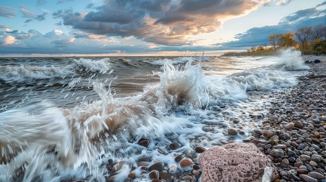 Waves crash on the rocky shore of a lake at sunset with clouds