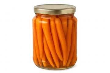 Glass jar preserving whole baby carrots on transparent background