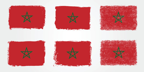 Grunge style Morocco flags with red background and green pentagram star in brush stroke designs