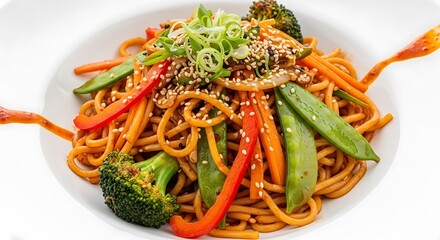 A delicious bowl of asian stirfried noodles with colorful vegetables like broccoli, bell peppers, and snap peas